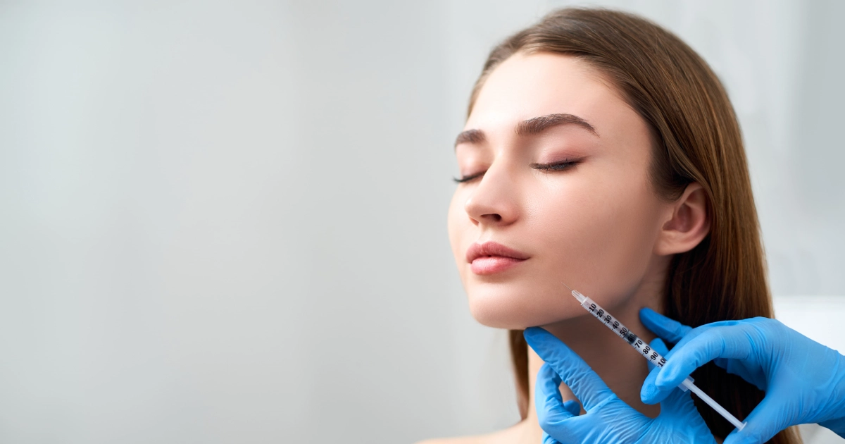 Woman receiving Radiesse dermal filler injection in her chin at a clinic in Cary, NC