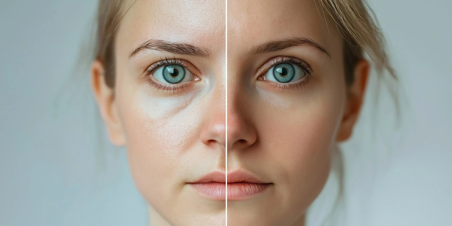 a woman's face with a comparison after Under Eye Skin Boosters in Cary, NC