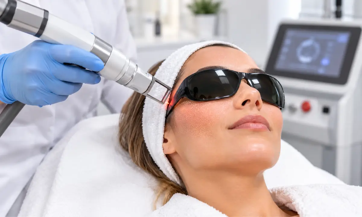 Woman receiving CO2 laser resurfacing treatment in Cary, NC on her face in a professional Dr. Addison Aesthetics.